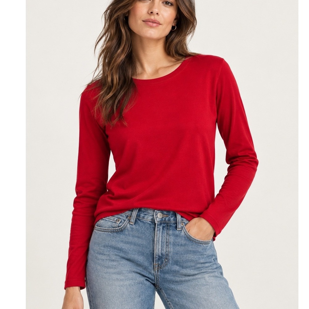 Banana Republic Women Long Sleeve Cotton Top XL Cranberry Red Crew Neck Ribbed